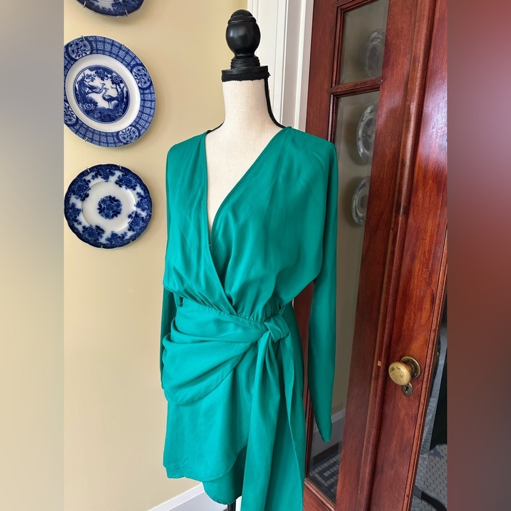 L'Academie Emerald Green Long-Sleeve Mini Wrap Dress - Picture 4 of 6
